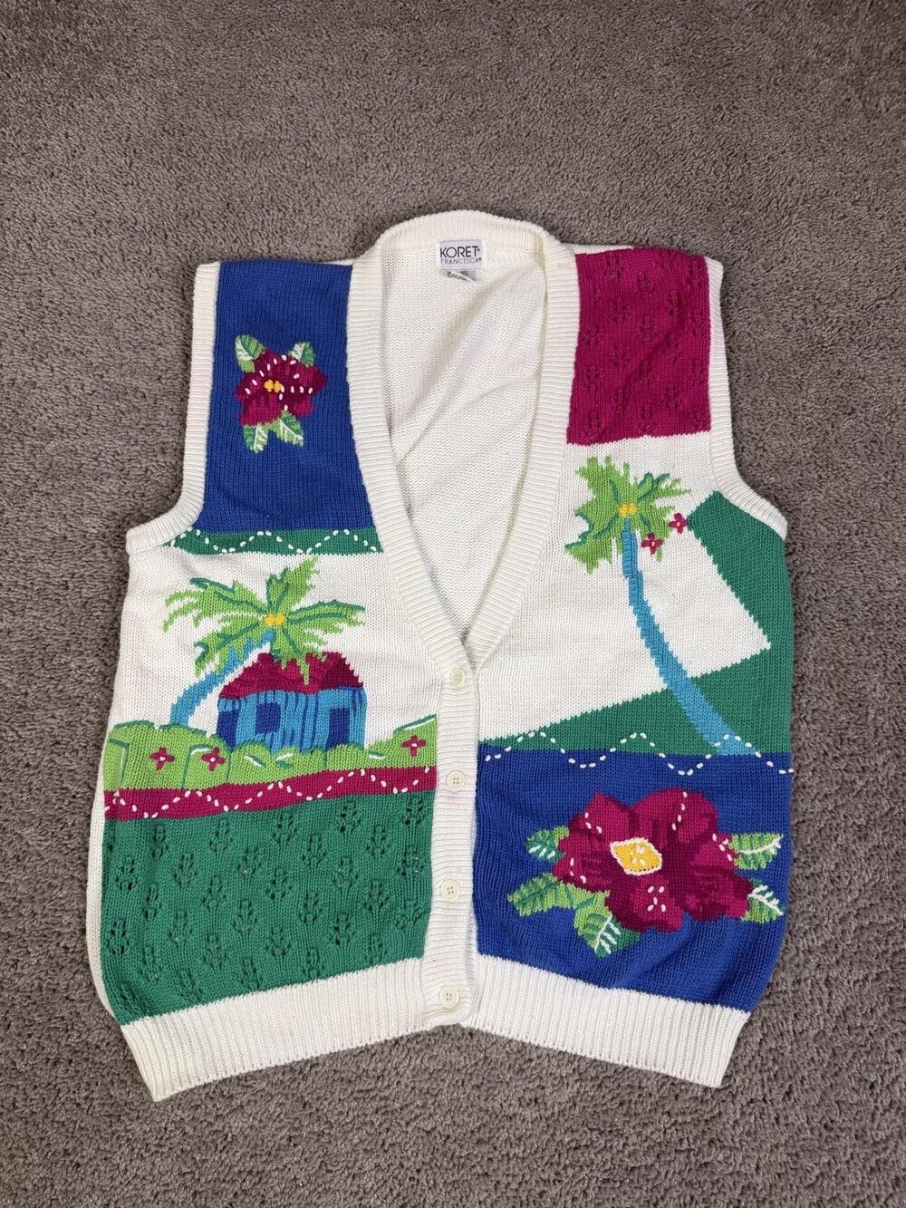 Koret Francisca Vest Sweater Womens L Multicolor Tropical Beach Floral